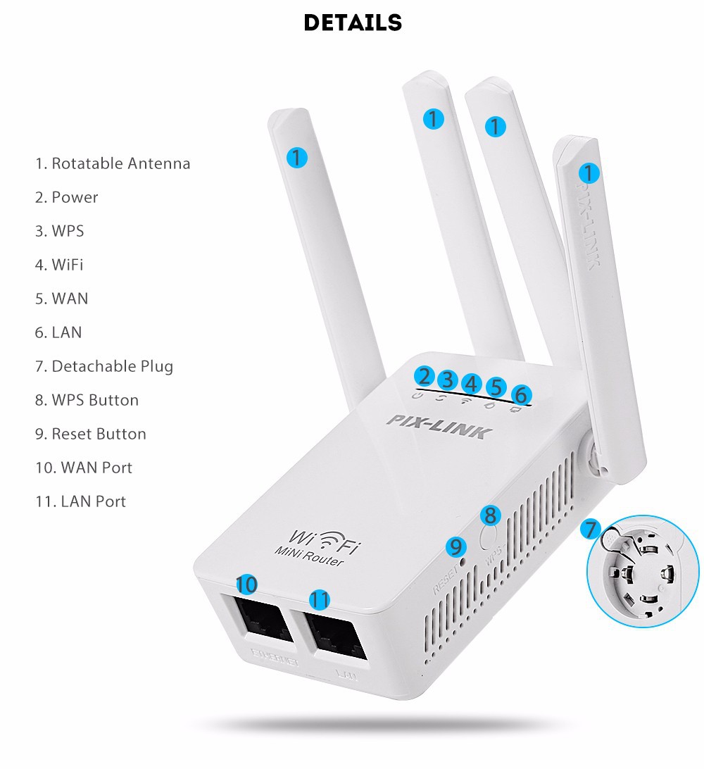 PIXLINK Network Repeater Wifi Extender Four Antenna Aignal Amplifier 300M Router Extender Wifi Repeater Wireless Internet Booster EU/AU/US/UK Plug Home