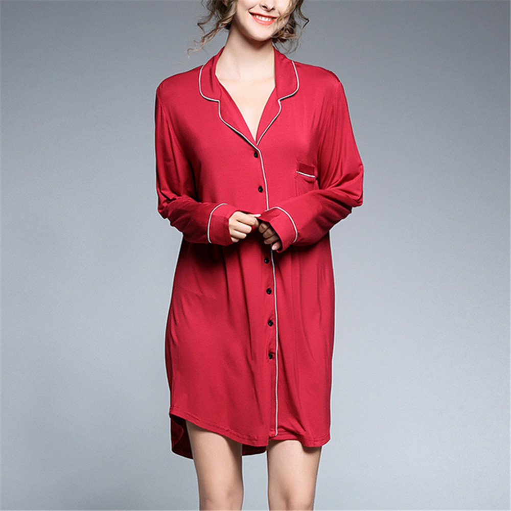 Banggood Plus Size Modal Long Sleeve Shirt V Neck Button Nightgown