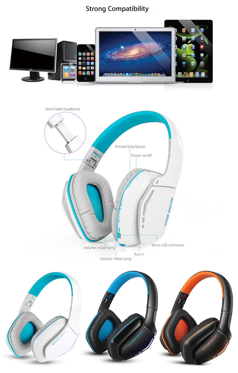 KOTION EACH B3506 Wireless Bluetooth Headset Foldable Gaming Cuffie Stereo Headphone with Mic 6