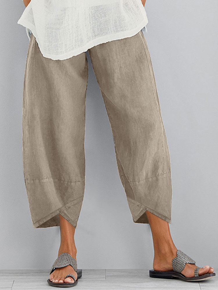 Women Solid Color Elastic Waist Loose Side Pocket Pants