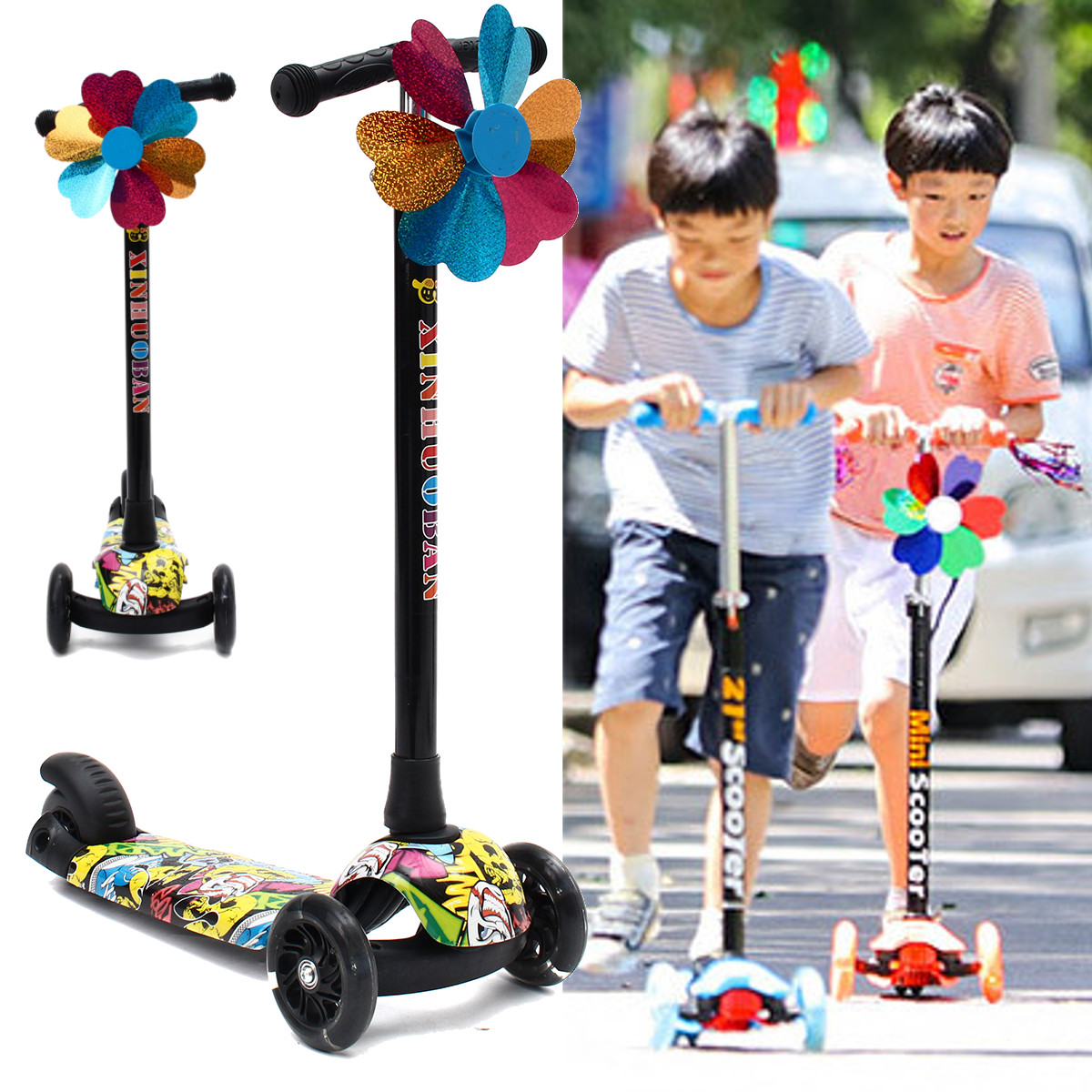 

BIKIGHT Kids Folding Flashing 3 Wheels Tricycle Kick Push Children Scooter Kickboard Adjustable Height Handle