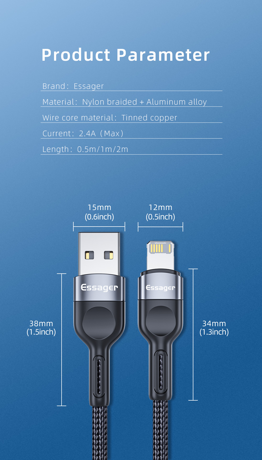 ESSAGER 2.4A USB-A for Lightning Cable Fast Charging Data Transmission Tinned Copper Core Line 0.5M Long for iPhone 14 14 Pro 14 Pro Max for iPad Pro