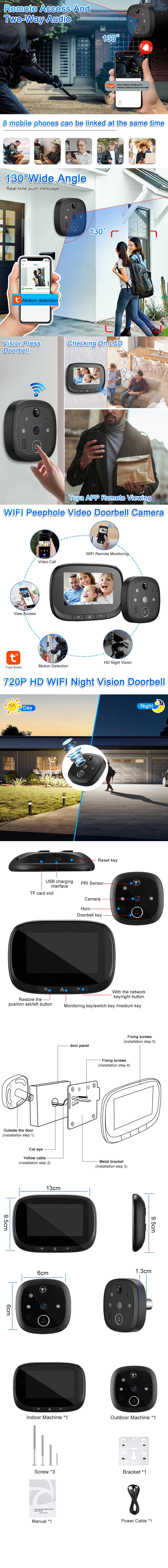 W2 Tuya Smart WiFi Door Viewer Wireless Video Doorbell with Remote Intercom APP Control Night Vision Smart Home Video Cat Eye Door Bell
