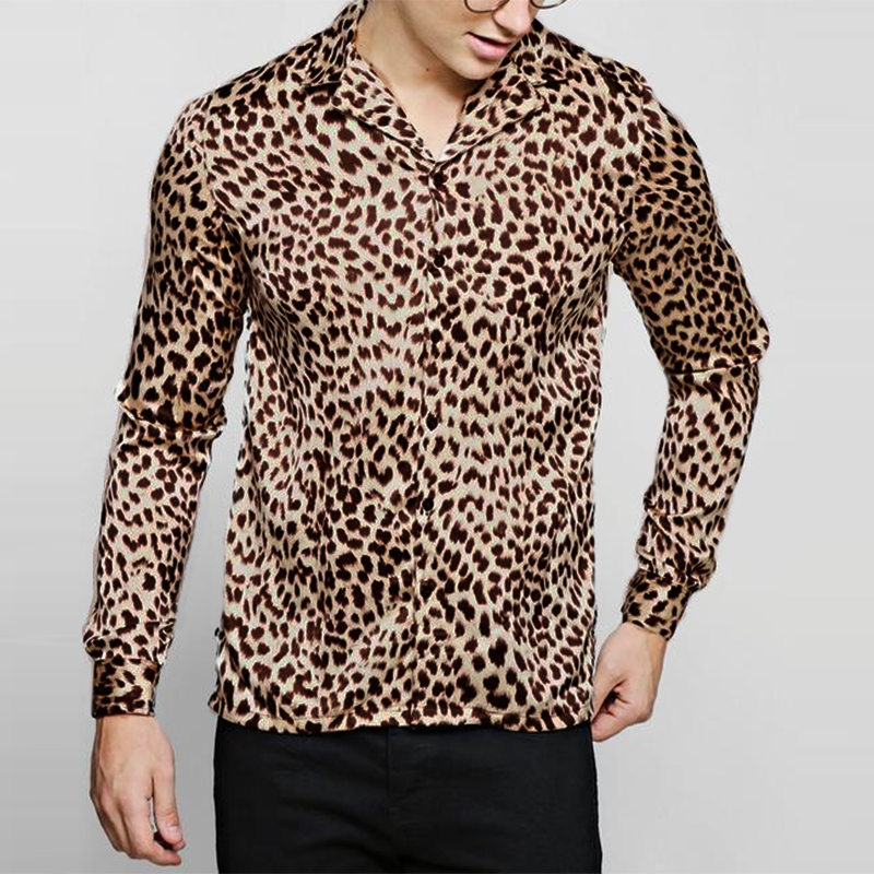 Men's Casual Leopard Printing Turn Down Collar Long Sleeve Shirts