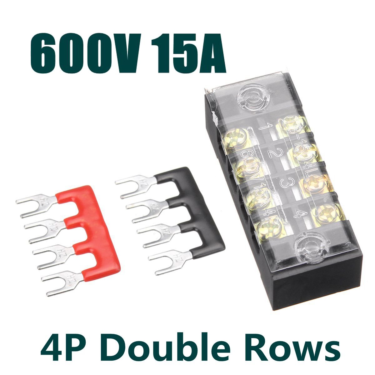 600V 15A Dual Rows 4 Position Screw Terminal Strip Red/Black Pre Insulated Terminal Block Strip