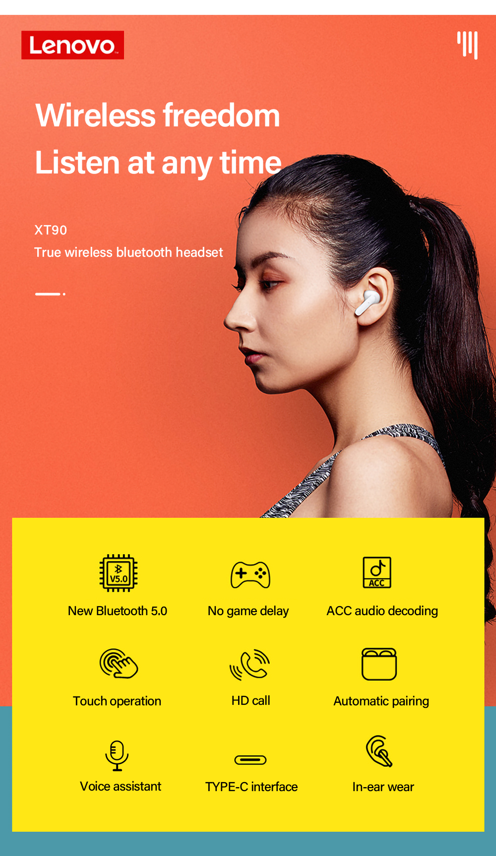 Lenovo XT90 TWS bluetooth 5.0 Earphone Low Latency HiFi Bass Waterproof Sport Gaming Headphones with Noise Cancelling Mic Type-C Charging