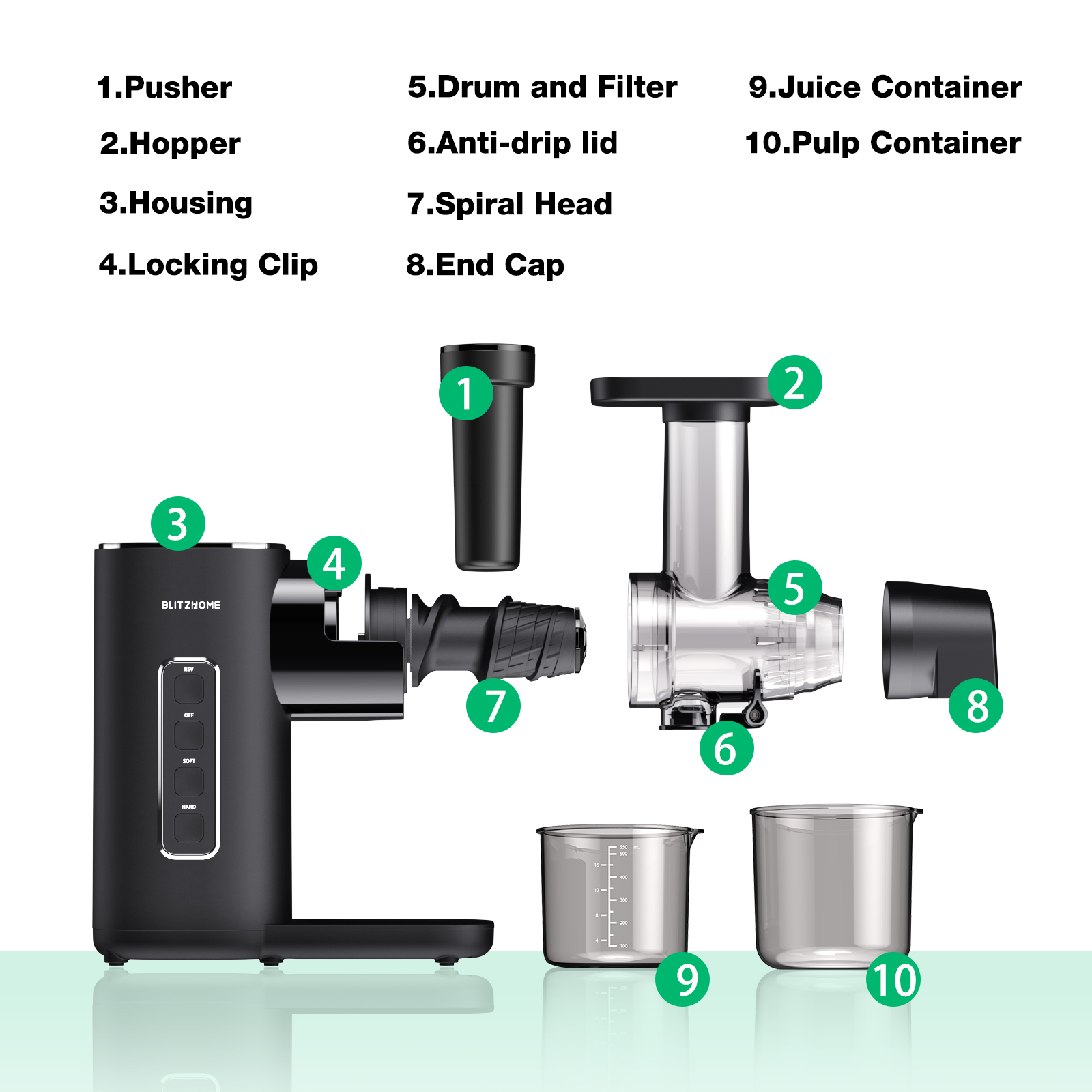 Blitzhome BH-JC01 Cold Press Juicer machines US Plug 2-Speed Modes Slow Masticating Juicer for Vegetable and Fruit with Quiet Motor/Reverse Function/Wide 1.73