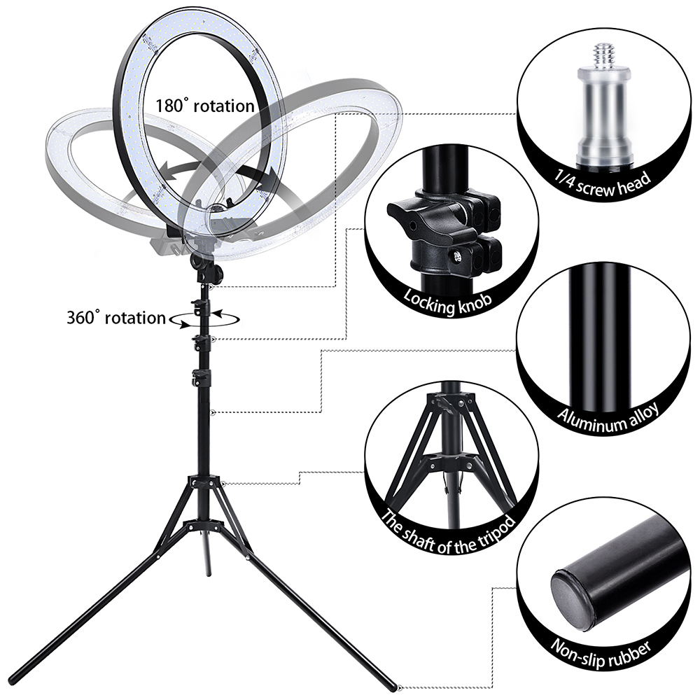 FOSOTO RL-18 18 Inch Ring Light 55W 5500K LED Photography Lamp with Lighting Tripod Stand Phone Clip for Camera Phone Makeup Live Broadcast