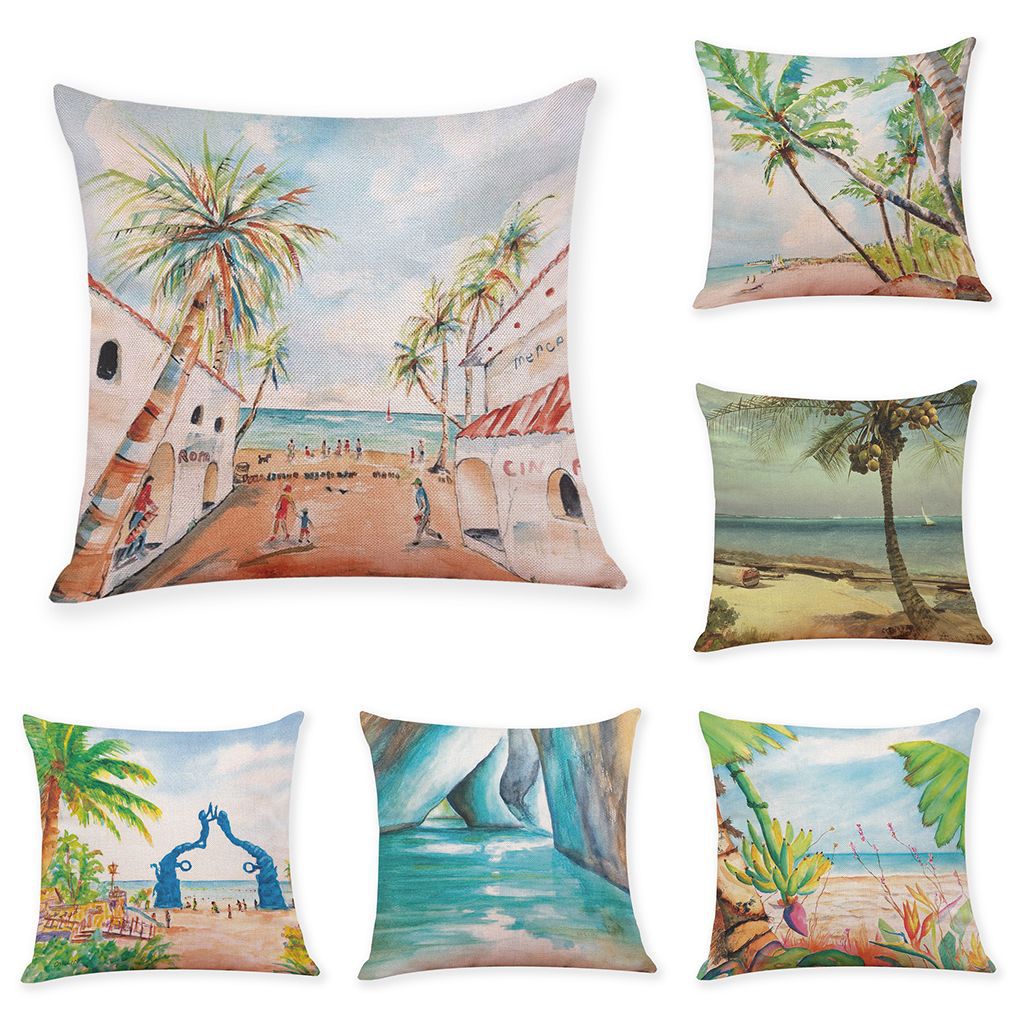 Honana 45x45cm Home Decoration Colorful Beach Patterns Cotton Linen Pillow Case Sofa Cushion Cover