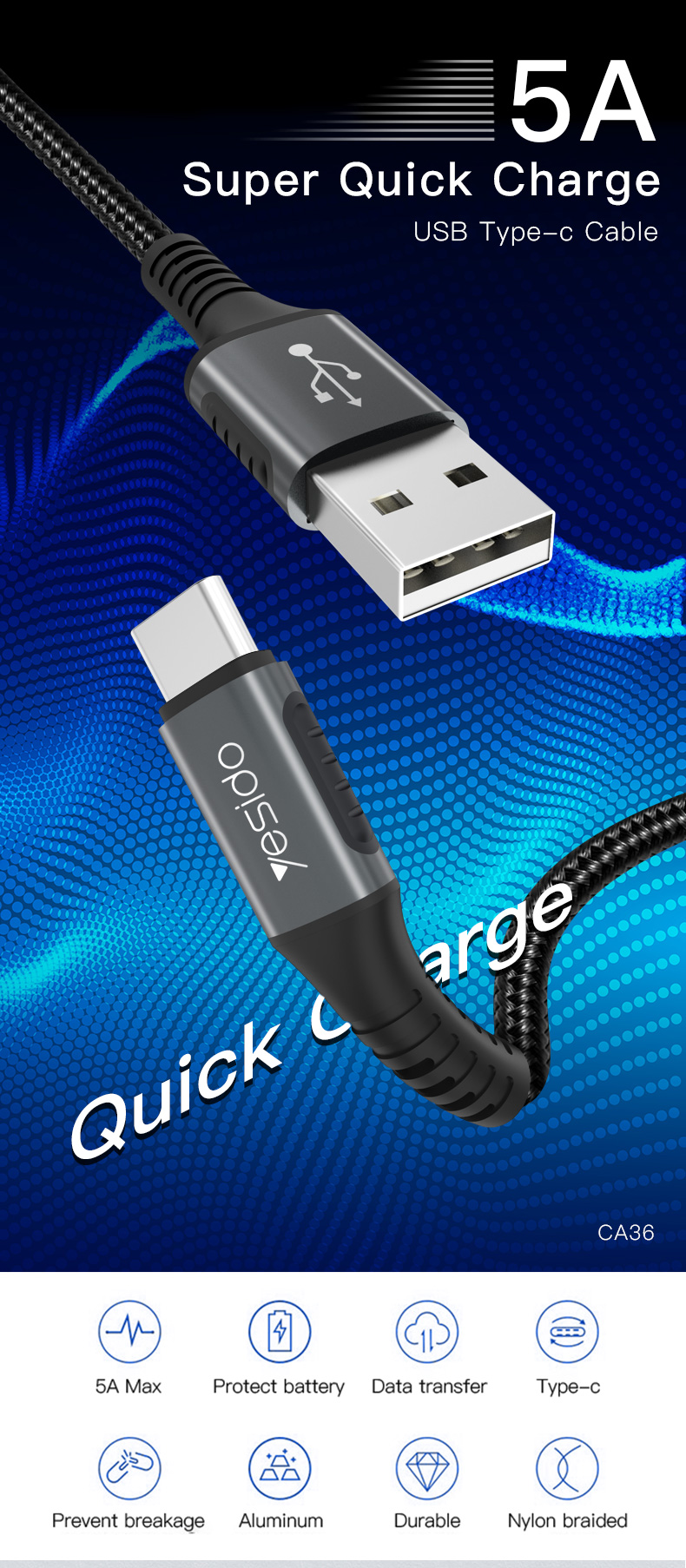 Yesido CA36 5A USB Type-C Data Cable QC3.0 Super Quick Charge Data Sync Cord Line For Samsung Galaxy Note 20 Huawei P40 Mi10
