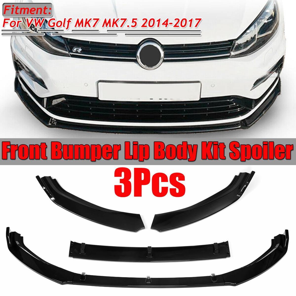 Glossy Black Front Bumper Lip Spoiler Trim 3PCS For VW Golf MK7 MK7.5 2014-2017