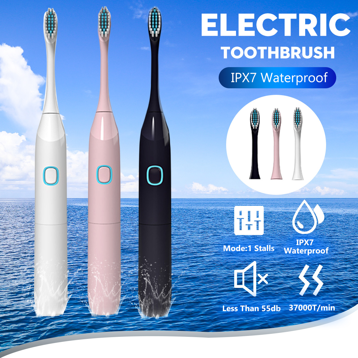 Acoustic Wave Vibration Waterproof Soft Electric Toothbrush IPX7 Waterproof