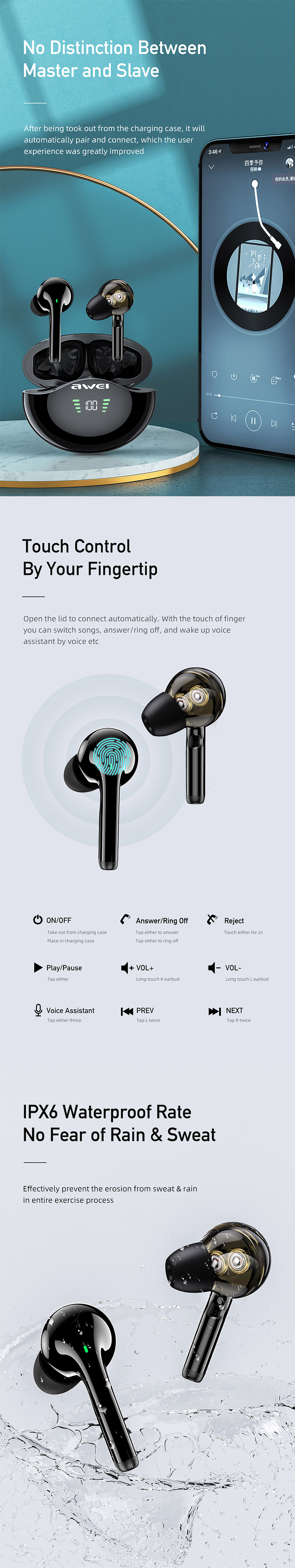 AWEI T12P TWS bluetooth 5.1 Earphone HiFi Stereo Deep Bass AAC HD Audio 4 Moving Coil with 4 Horns Auto Pairing IPX6 Waterproof LED Digital Display Sports Earbuds Headphone with Mic