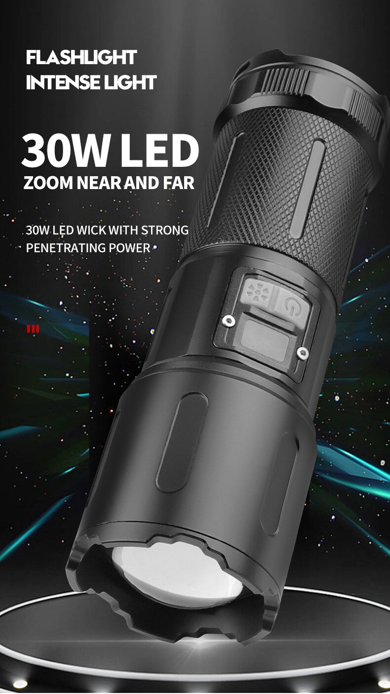 30W LED Flashlight Long Shoot Search Flashlight White Light High Power Torch Tactical Telescopic Zoom Hunting Lights