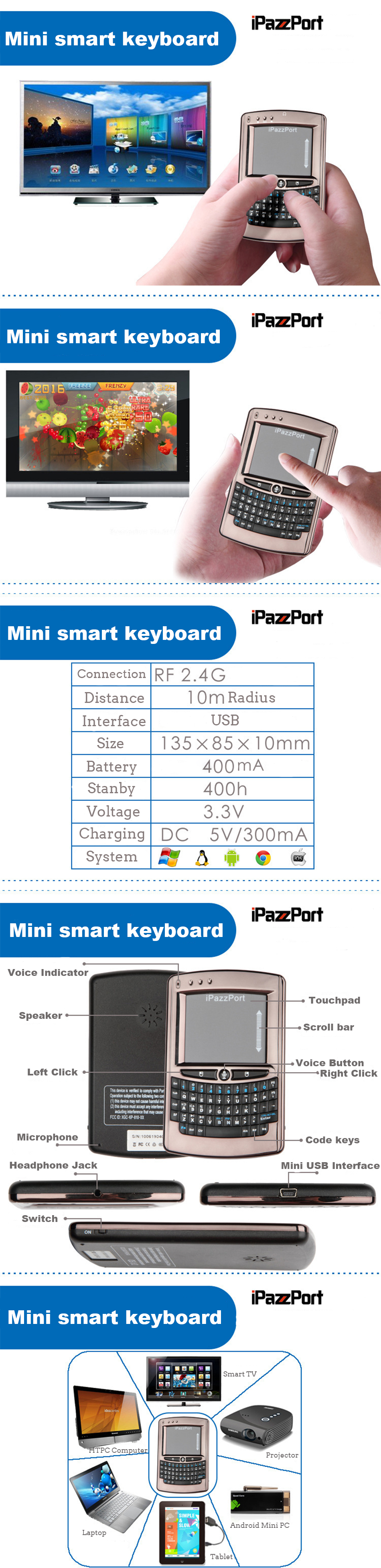 iPazzPort wireless voice keyboard mouse touchpad smart TV box player computer remote