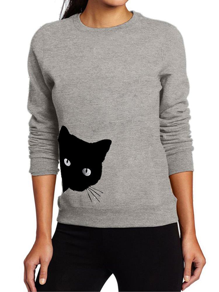Women Cat Print Long Sleeve Hoodies Pullover Sweatshirt