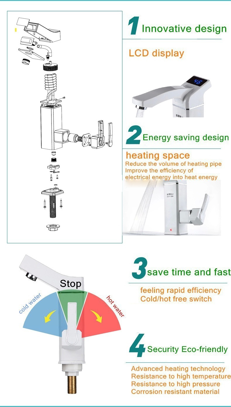 2500W Bathroom Kitchen Instant LED Display Electric Water Heater Hot Water Tap Electric Water Faucet Tankless