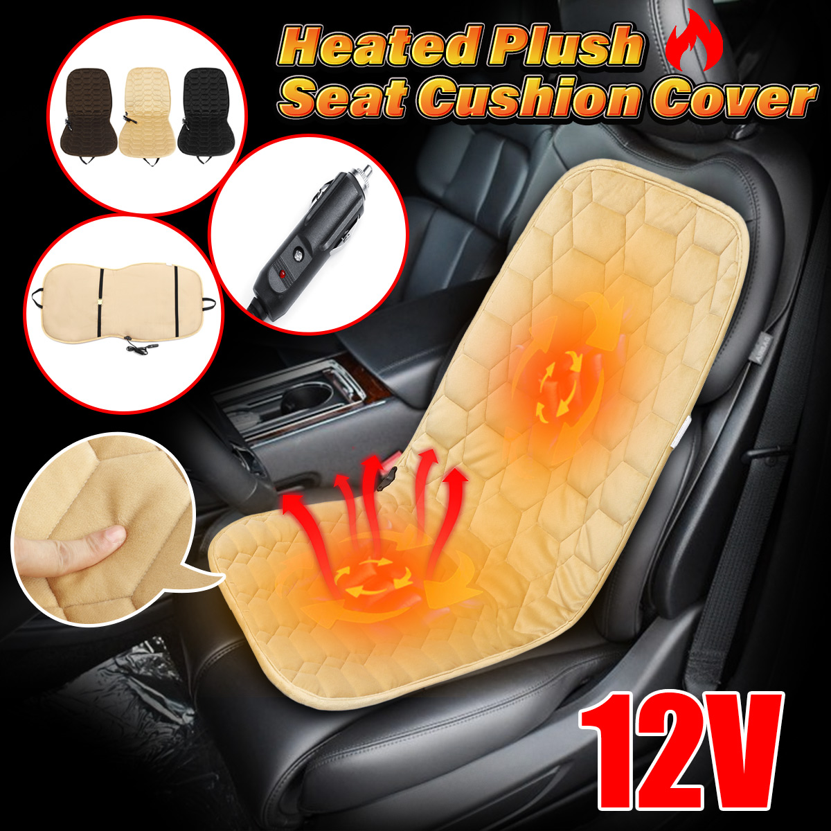 12V Plush Car Heated Seat Cushion Seat Warmer Winter Household Cover Electric Heating Mat 