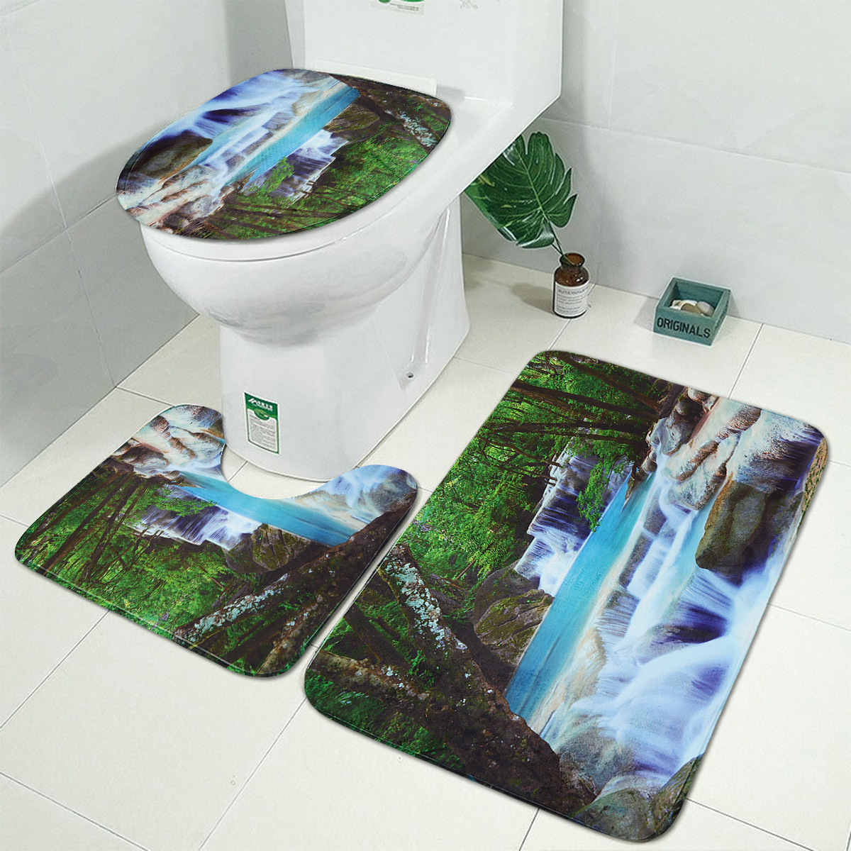 3D Banheiro Cortina de Chuveiro Cachoeira Kit de Tapete Antiderrapante Tampa de Sanita Tapete Banheira