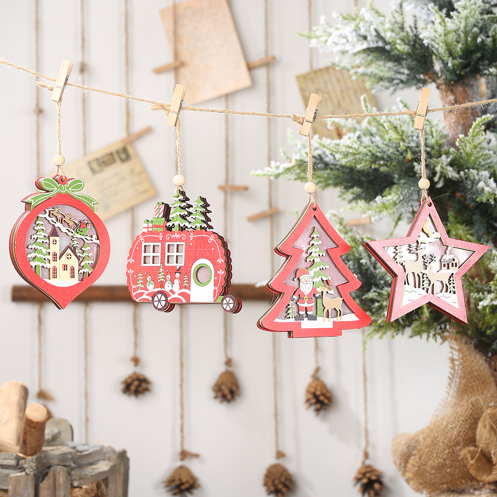 Merry Christmas Tree Wooden Light Hanging LED Fairy Ornament Decoration New Year Wedding Garland New Year Xmas Decor For Home