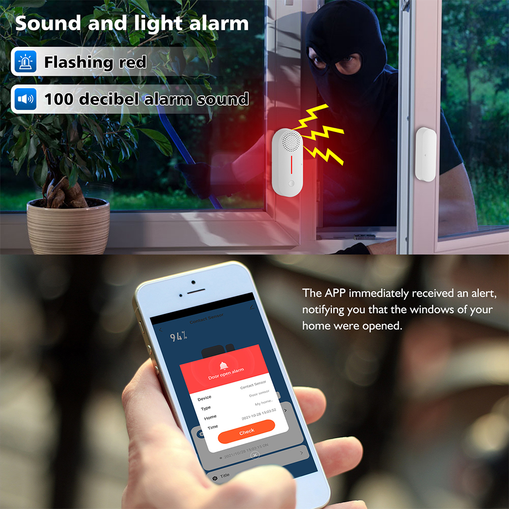 Tuya Smart WiFi Door Window Sensor Door Open/Closed Detectors Sound and Light Alarm Timer Alarming APP Remote Monitoring Notification for Home Safety