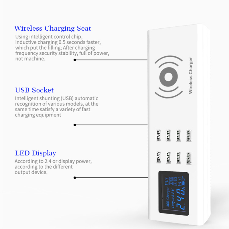 Universal UK/US/EU 8 Port USB Charger Station With Wireless Charger For Tablet Cellphone
