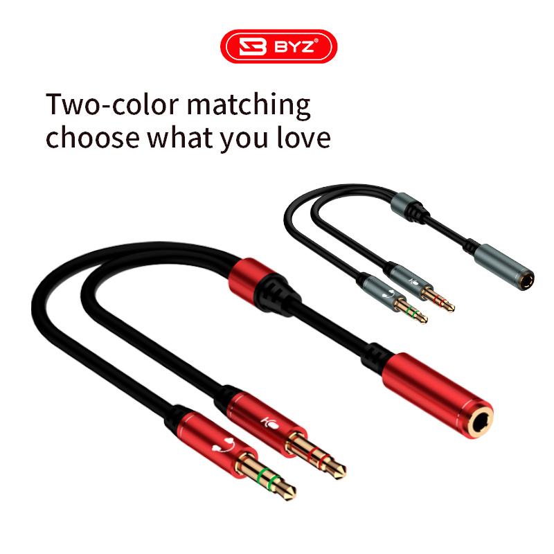 BYZ BC-022 3.5mm Male to Aux to Dual 3.5mm Female Audio Cable Adapter with Mic for Wired Earphones Mobile Phone