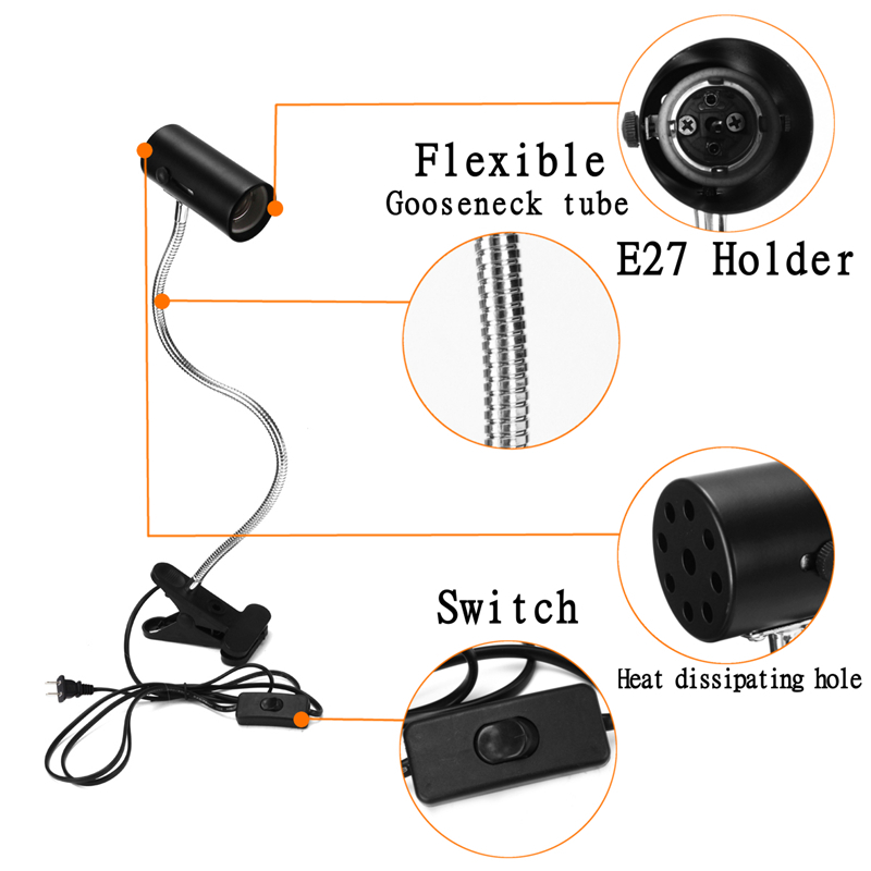 40CM E27 Flexible Reptile LED Light Lamp Holder Bulb Adapter Socket with Clip On Switch for Pet