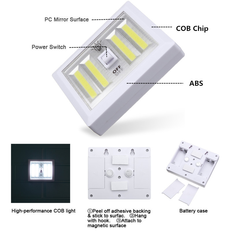 Battery Powered 4 COB LED Night Light Wall Switch Self Stick Closet 6000K White Bright