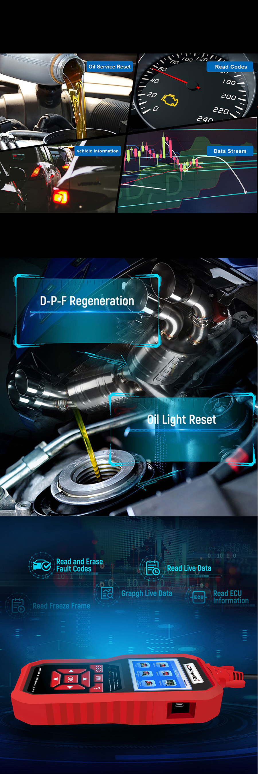 KONNWEI KW890 OBD2 12V Automotive Fault Diagnosis Scanner Instrument Battery Tester Oil Sevice Light Reset for Lead Acid Car SUV Light Truck