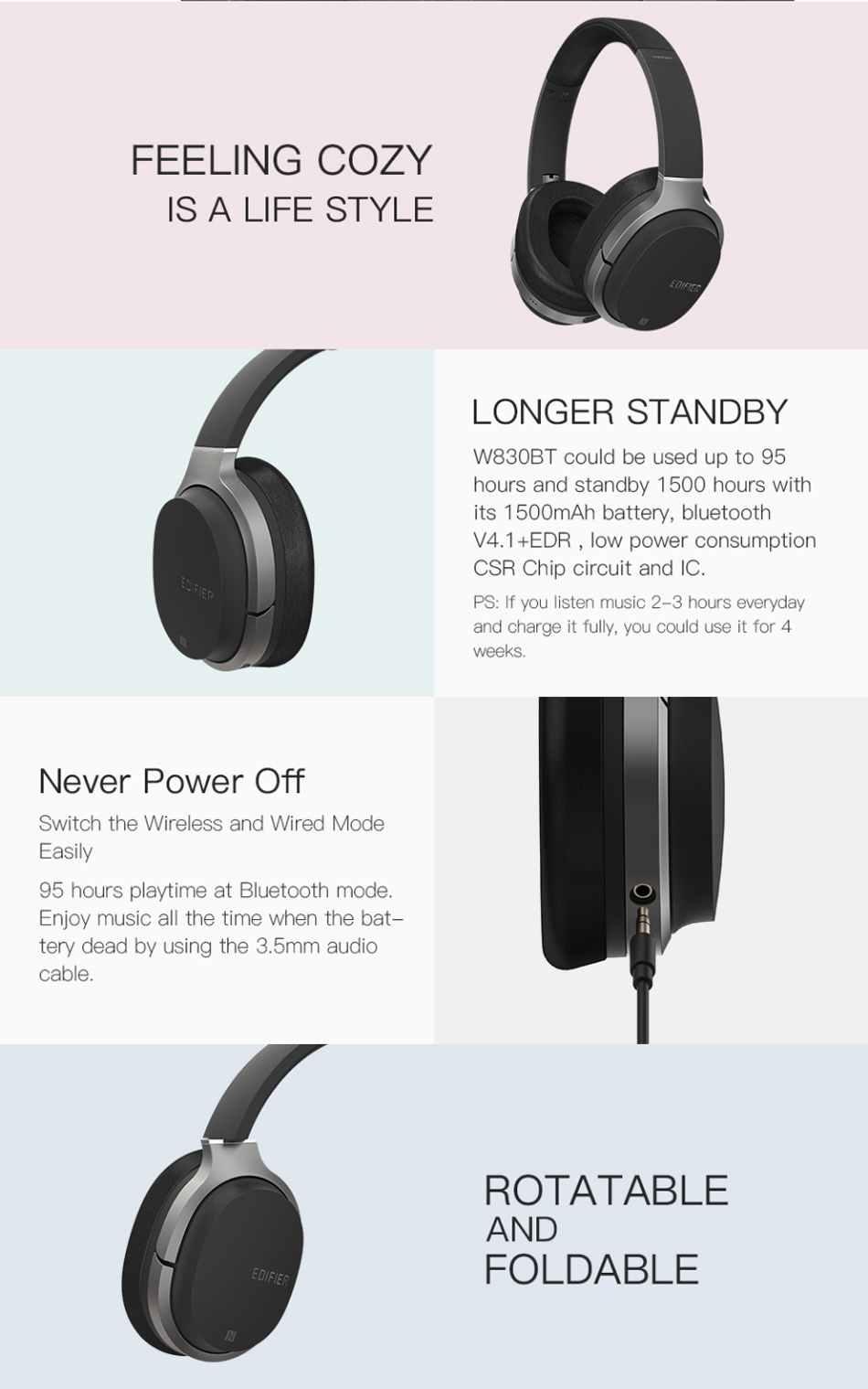 Edifier W830BT Bluetooth 4.1 Wireless HIFI Noise Isolation Headphone Support NFC Apt-X AUX