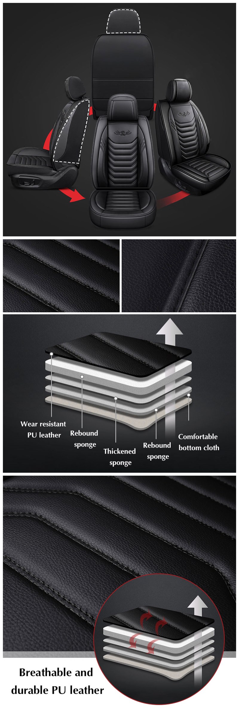 Universal PU Leather Car Front Seat Cushion Cover Non-slip Protector Mat Black