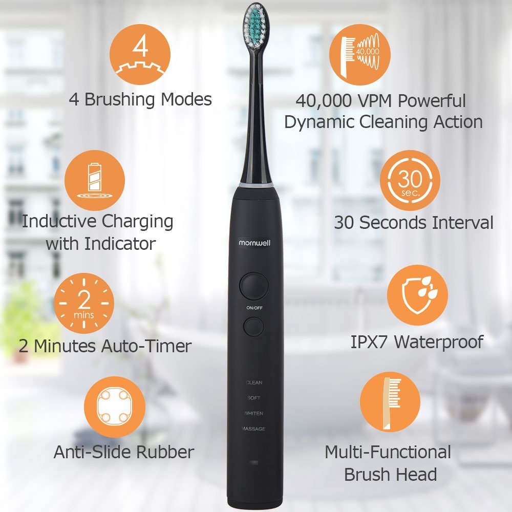 Mornwell D01B IPX7 Waterproof Power Rechargeable Sonic Electric Toothbrush with Smart Timer 