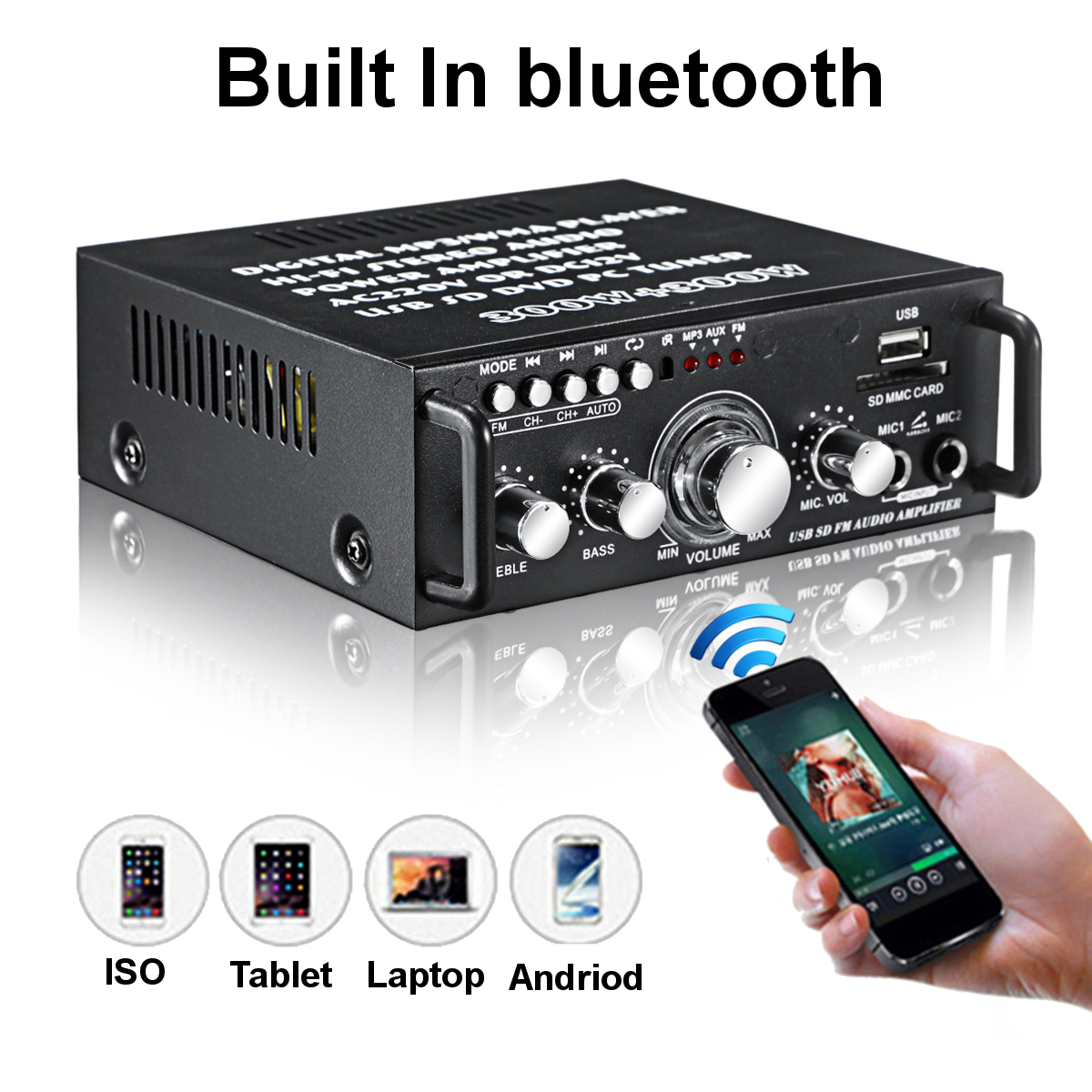 AV-263BT 2x300W 110-220V bluetooth Audio Power Amplifier EQ Stereo AMP Car Home 2CH AUX USB FM SD HIFI Digital Radio