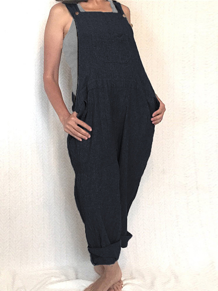 Women Solid Loose Wide Leg Overalls Strap Sleeveless Jumpsuit