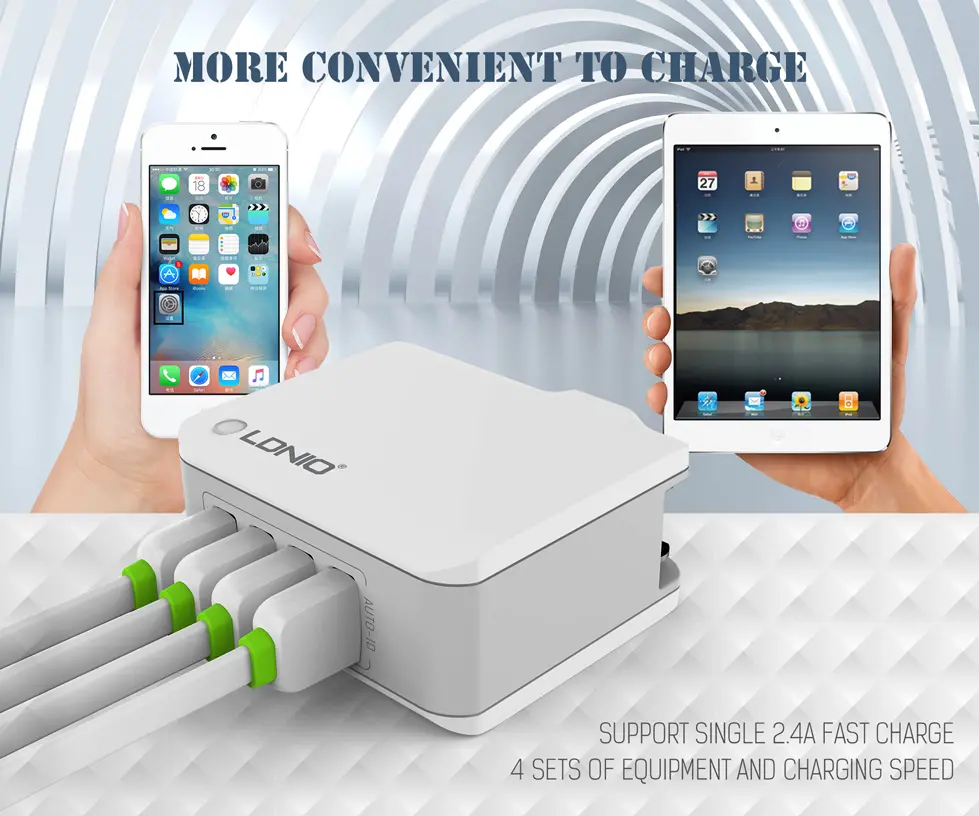 LDNIO 4 USB Ports 4.4A Fast Charging EU UK Plug Wall Travel Charger for iPhone 7 iPad Samsung Xiaomi