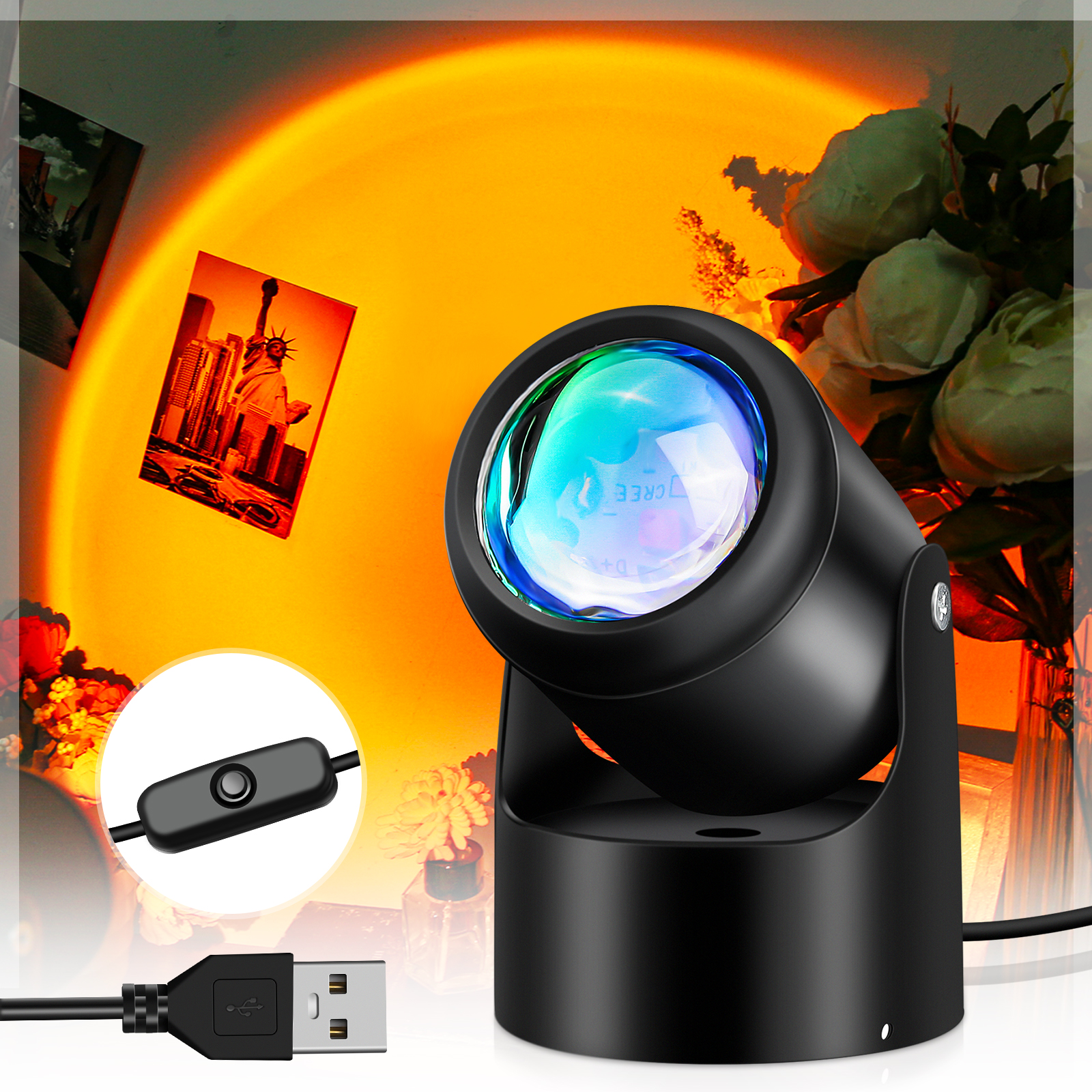 CHARMINER 180° Rotation Sunset Projection LED Light Sunset Decor Photographic USB Night Light for Bedroom Living Room Home Party
