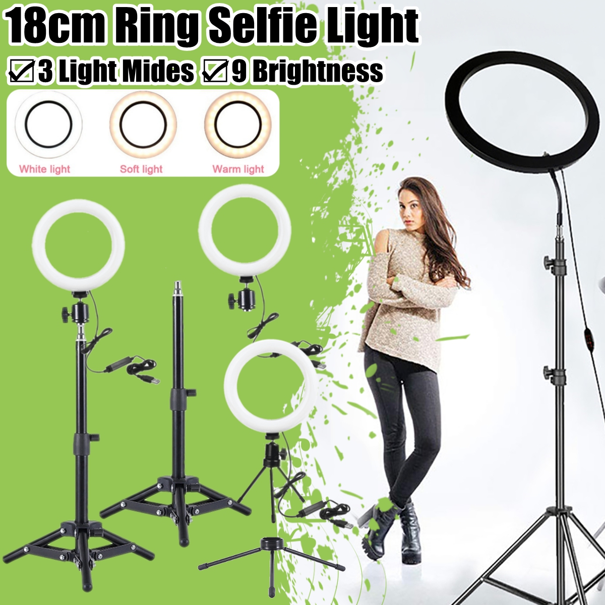3 Light Modes 9 Brightness 7 inch LED Ring Fill Light LED Ring Full Light Tripod Stand Live Selfie Holder with USB Plug for YouTube Tiktok VK Vlog Makeup