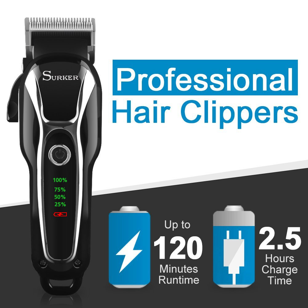 SURKER Electric Hair Clipper Rechargeable Trimmer Beard LED Display Steel Blade Washable 110V 240V