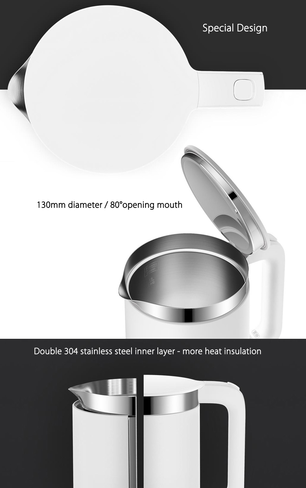 XIAOMI Mijia 1.5L / 1800W Smart Electric Water Kettle 304 Stainless Steel 12H Temperature Control Mihome App Control