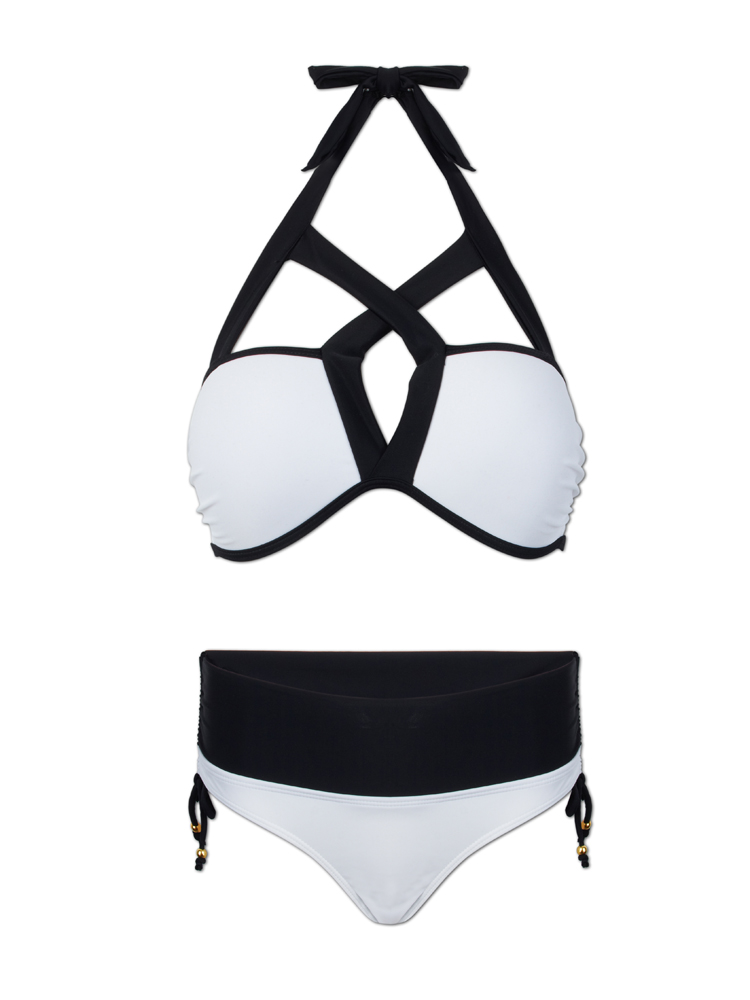 

Women Halter Cross Criss Strappy Sexy Black White Color Block Bikini Sets Low Waist Swimwear