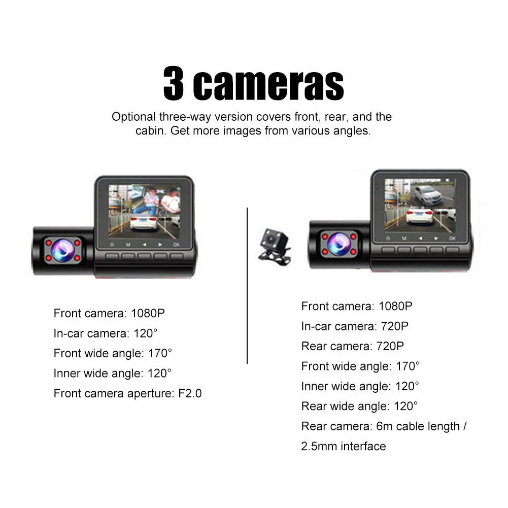 C50B 1080P 3-Channel Dash Cam Car DVR Infrared Night Vision 360° Rotatable Lens HD IPS Screen Reversing Parking Monitor