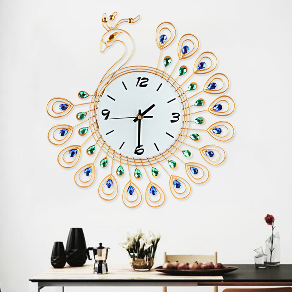 Large 3D Gold Diamond Peacock Wall Clock Metal Watch For Home Living Room Decoration DIY Clocks Crafts Ornaments Gift