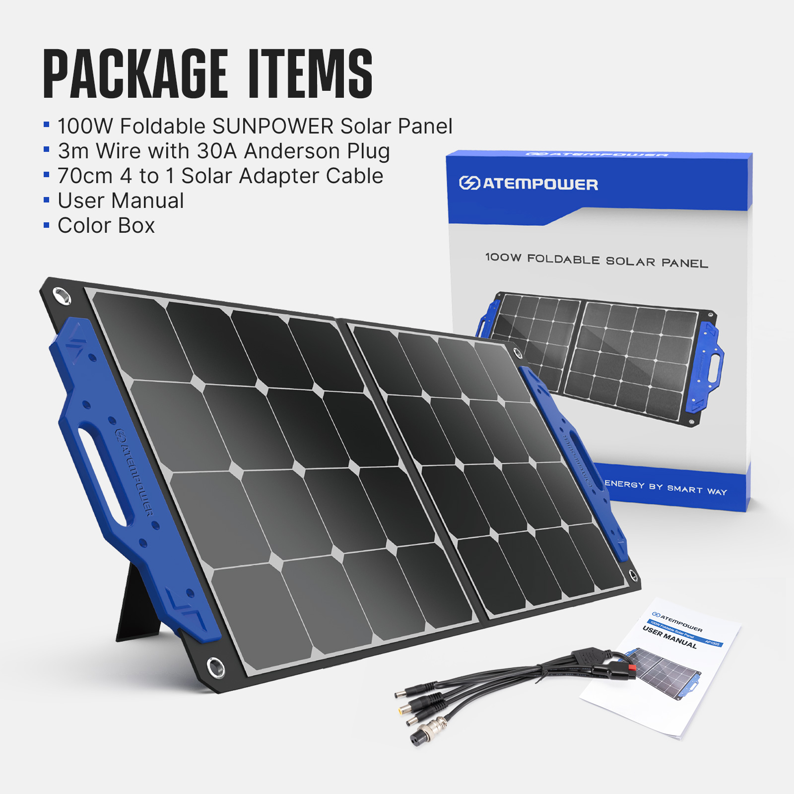 [US Direct] ATEM POWER AP-SPSP-UFA 100W Portable Solar Panel Monocrystalline Solar Cells Foldable Suitcase Solar Charger Compatible With Generators Power Station For RV Outdoor Camping