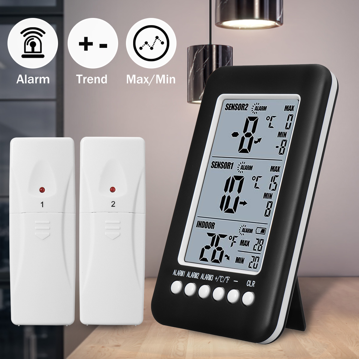 Funk Wetterstation Freezer Alarm Thermometer LCD Innen&Außen mit 2 Außensensoren 