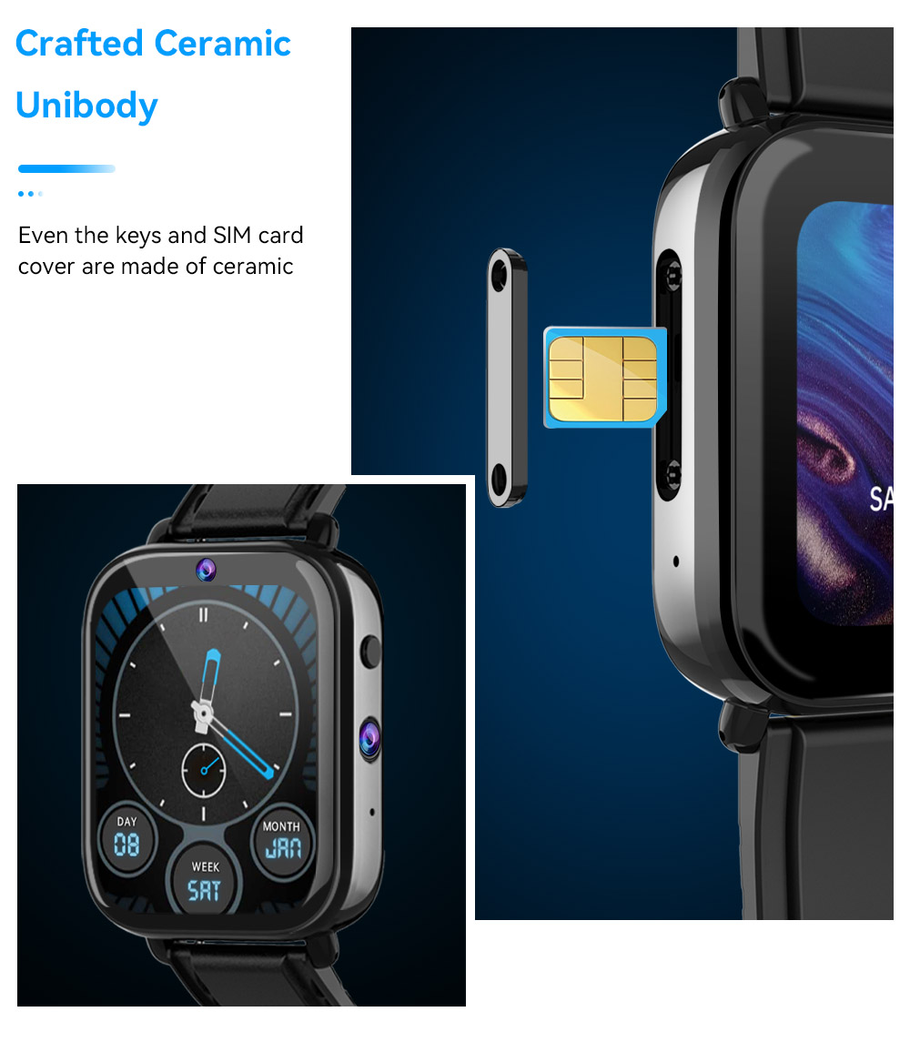Rogbid King Ceramic Case 1.75 inch 320*385px Screen Android Smartwatch Heart Rate SpO2 Monitor Dual Cameras GPS GLONASS IP68 Waterproof  Android 9.1 Face Unlock 4G Watch Phone