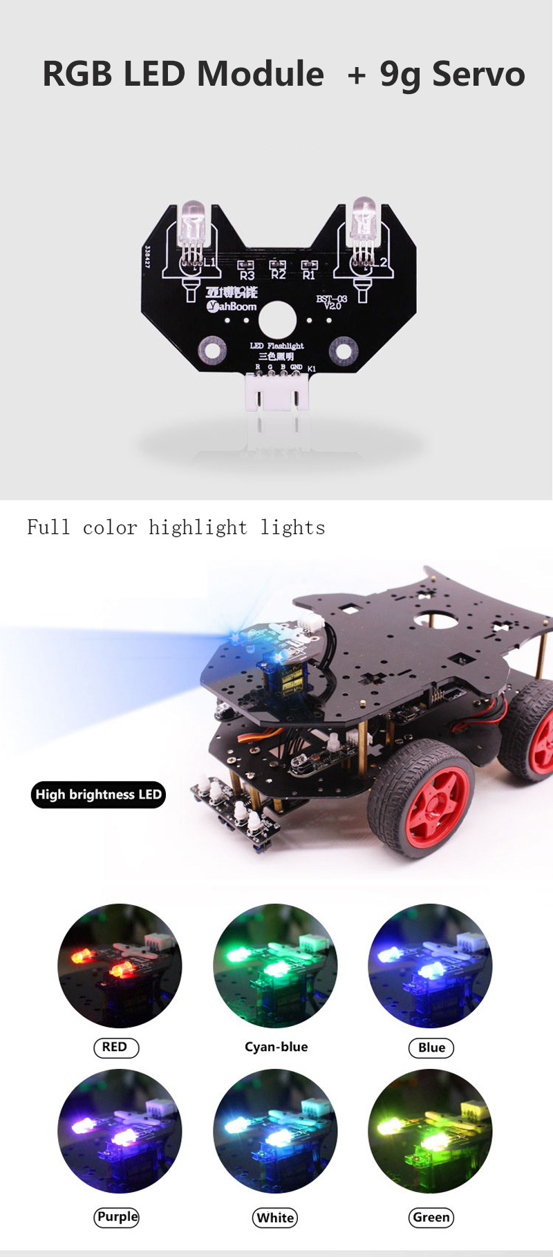 5V 5mm High-Brightness Colorful RGB LED Module with 9G Servo + Fixed Colums for Smart Robot Car