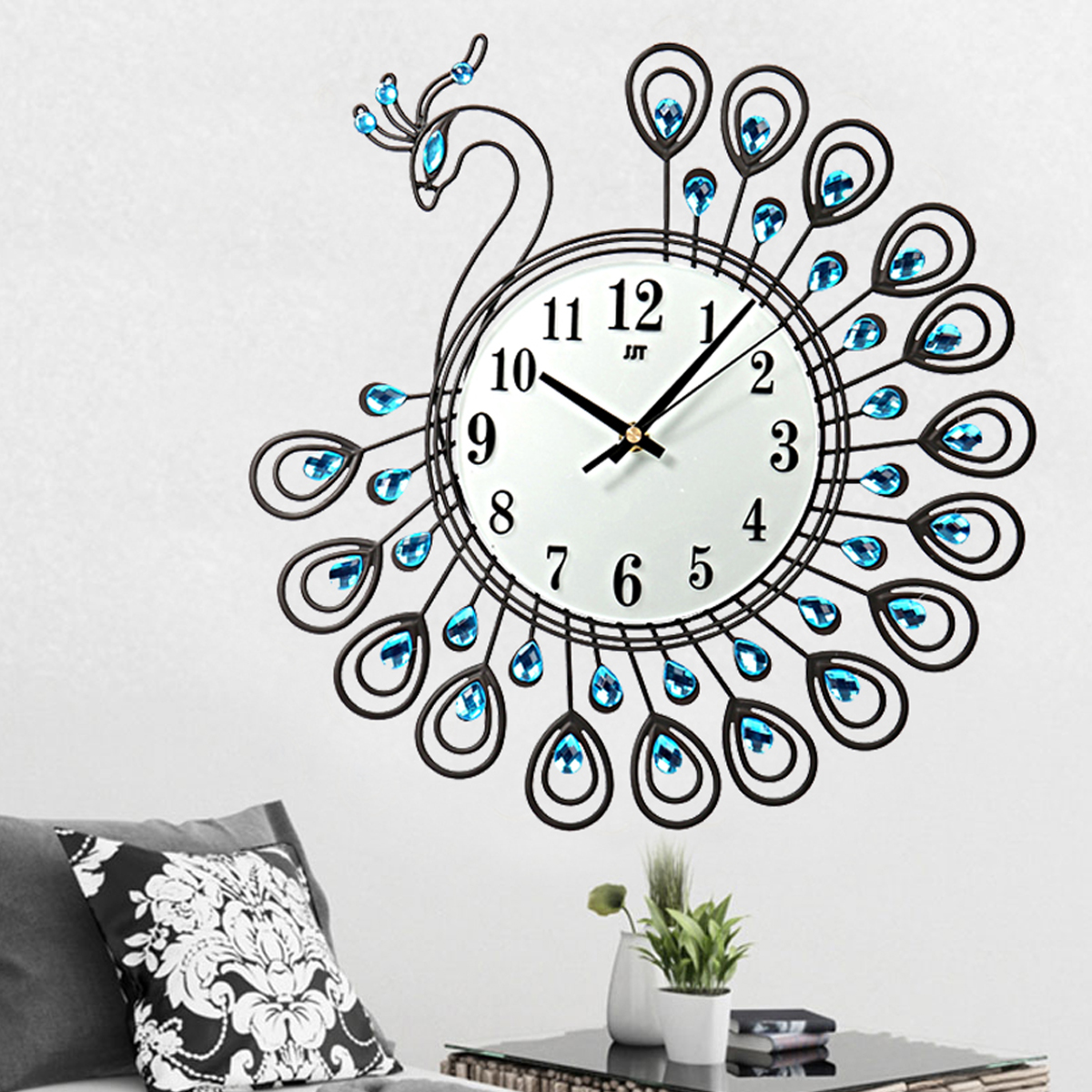 Large 3D Gold Diamond Peacock Wall Clock Metal Watch For Home Living Room Decoration DIY Clocks Crafts Ornaments Gift