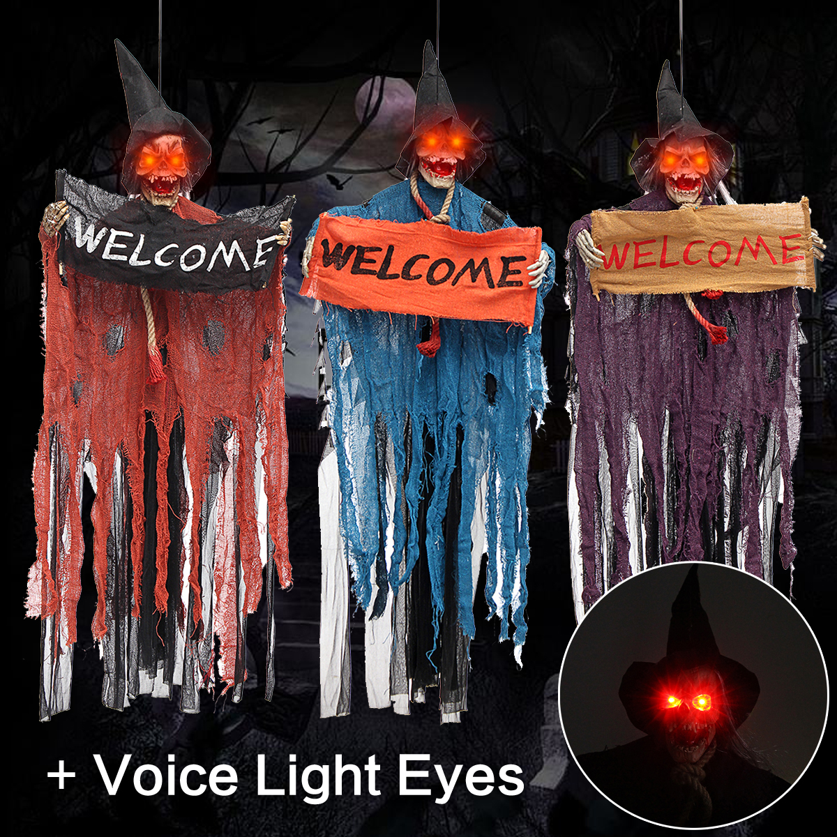 Halloween Tools Scary Welcome Sign Hanging Skeleton Voice Lights Eyes for Halloween Decorations