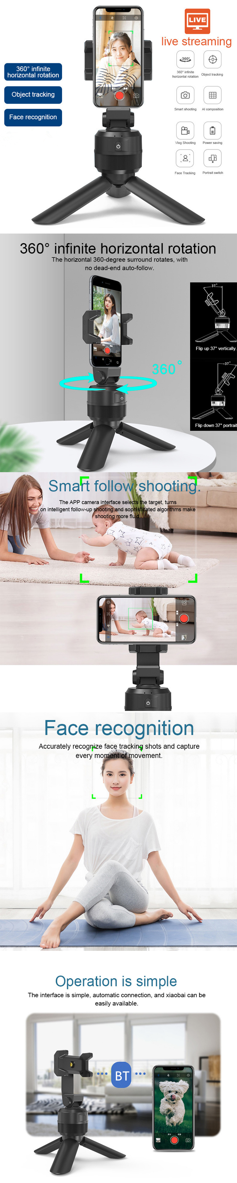 Bakeey 360° Intelligent Auto Face Tracking Mobile Phone Stand Gimbal Stabilizer Tripod for Selfie Vlogging Streaming